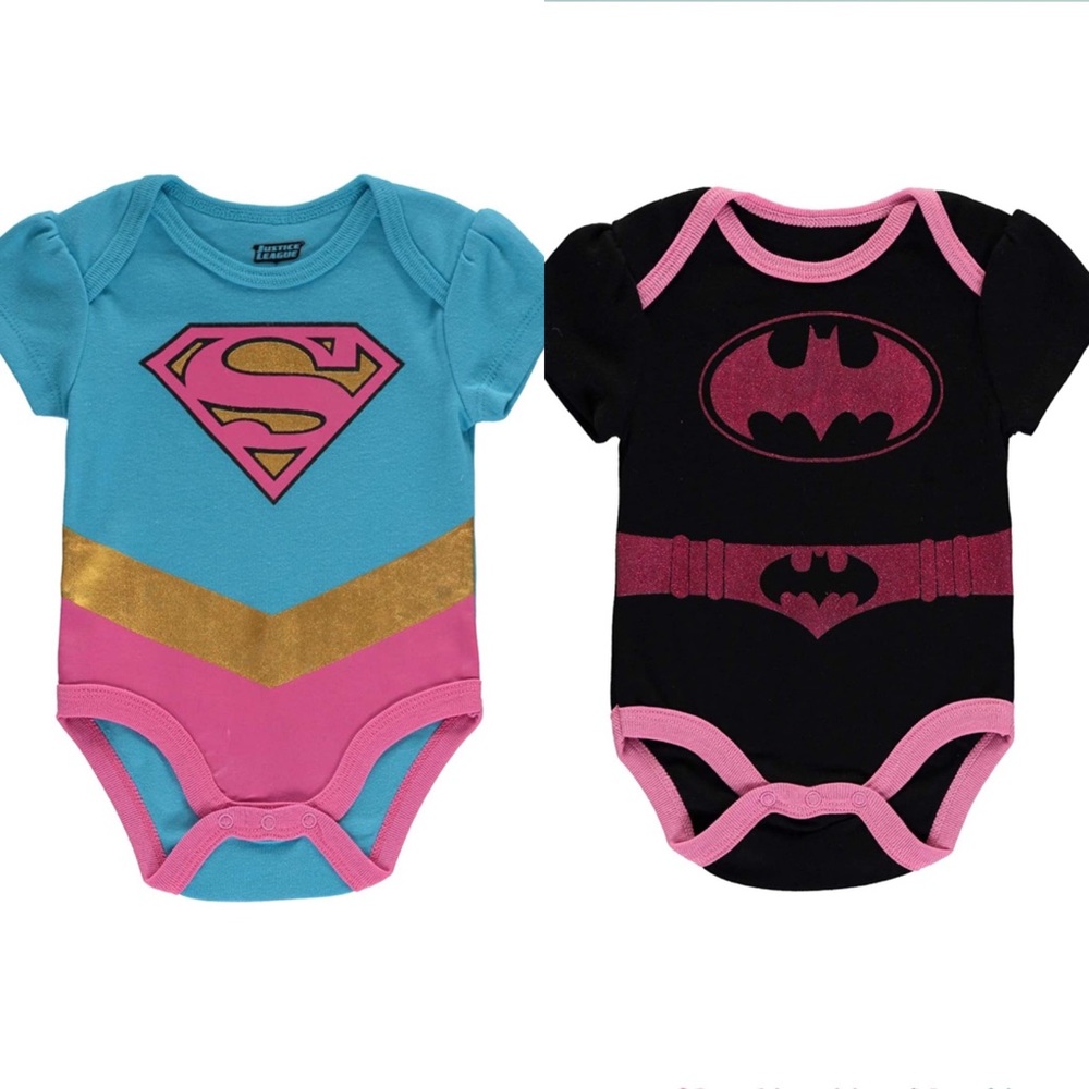NWOT Set of Superwoman & Bat Woman Girl Onesies